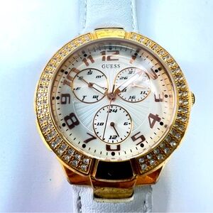 Guess Chronograph Watch with Crystals & White Leather Band